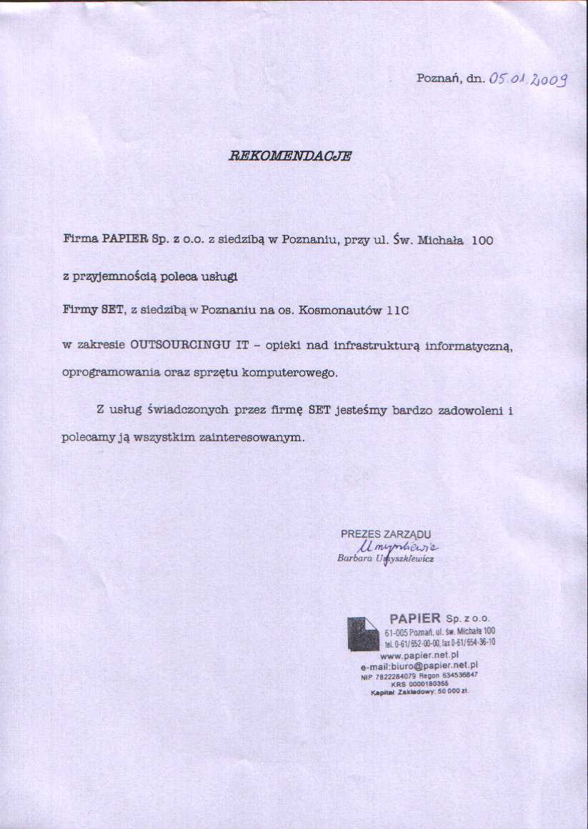 referencje dla SET z Poznania